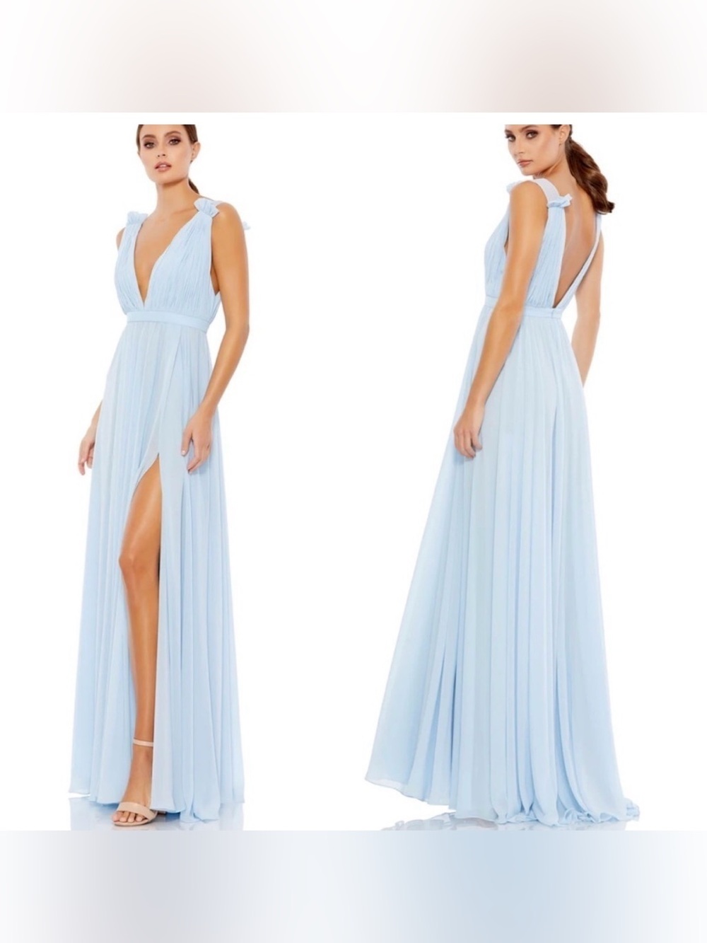 NWT Ieena Mac Duggal Plunging V Neck Chiffon Dress Powder Blue PLEATED Gown. 8.